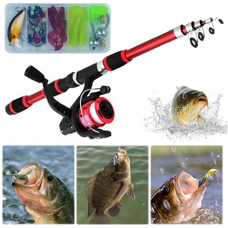 Portable Telescopic Fishing Rod and Reel Combo Kit with Fishing Reel Tackle Box for Boys, Girls, Youth (Red)