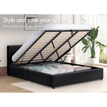 ALFORDSON Bed Frame King Size Gas Lift Storage Base Black Leather CALLA