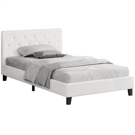 ALFORDSON Bed Frame Single Size Wooden Base Platform White Boucle MADELYN