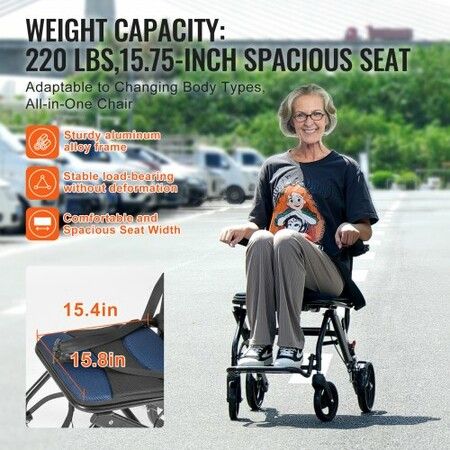 Wheelchair Aluminum Alloy Transport Chair Foldable 15.75-In W Seat 220lbs