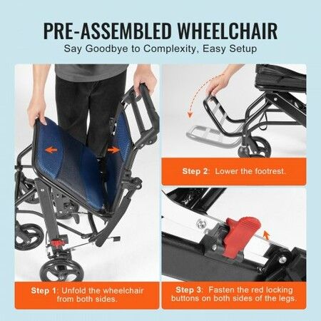 Wheelchair Aluminum Alloy Transport Chair Foldable 15.75-In W Seat 220lbs