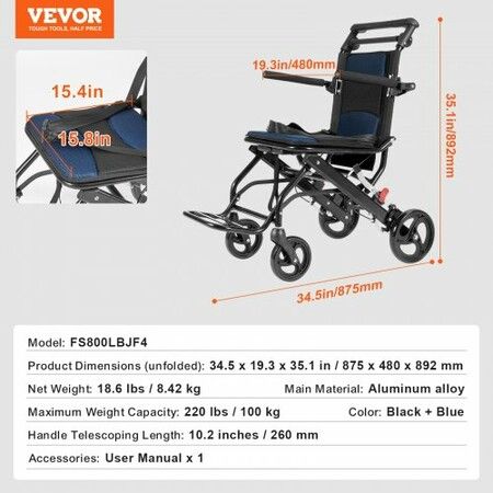 Wheelchair Aluminum Alloy Transport Chair Foldable 15.75-In W Seat 220lbs