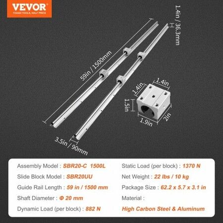 Linear Guide Rail Set, SBR20 1500mm, 2 PCS 59 in/1500 mm SBR20 Guide Rails and 4 PCS SBR20UU Slide Blocks, Linear Rails and Bearings Kit for Automated Machines DIY Project CNC Router Machines