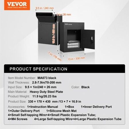 Through The Wall Drop Box, Heavy Duty Steel Through the Wall Mailbox with 2.8-7.9" 13" Combination Lock, 13x7x17" Mail Drop Box, Black