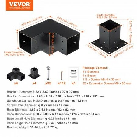 Pergola Bracket Kit 101.6 x 101.6 mm, 8pcs 3-Way Heavy Duty Corner Bracket Woodworks DIY Post Base, Easy Installation Wooden Beams for Gazebos, Patio Pergolas, Log Cabin Outdoor Pergola Hardware