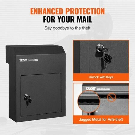 Through The Door Key Drop Box, Heavy Duty Steel Through the Door Mailbox with 1.8" 12" Key Lock, 12x6x16" Mail Drop Box, Black