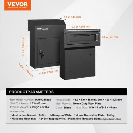 Through The Door Key Drop Box, Heavy Duty Steel Through the Door Mailbox with 1.8" 12" Key Lock, 12x6x16" Mail Drop Box, Black