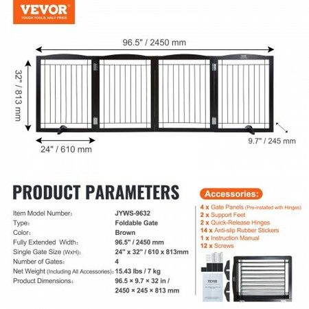 Free Standing Dog Gate 32x96.5 inch Freestanding Pet Gate Foldable Brown