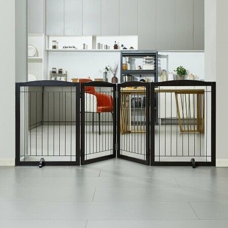 Free Standing Dog Gate 32x96.5 inch Freestanding Pet Gate Foldable Brown