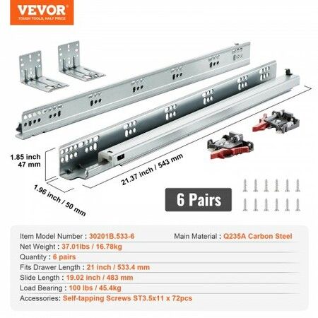 6 Pairs of 533.4mm Drawer Bottom Side Mount Rails, Heavy Duty Full Ball Bearing Extension Steel Track, Soft-Close Noiseless Guide Glides Cabinet Kitchen Runners with Locking Mechanism, 100 Lbs