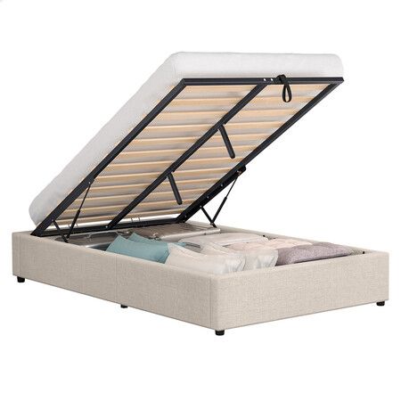 ALFORDSON Bed Frame King Single Gas Lift Storage Mattress Base Beige WILBUR