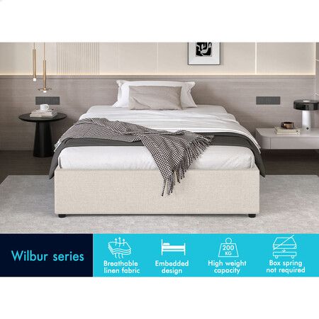 ALFORDSON Bed Frame King Single Gas Lift Storage Mattress Base Beige WILBUR