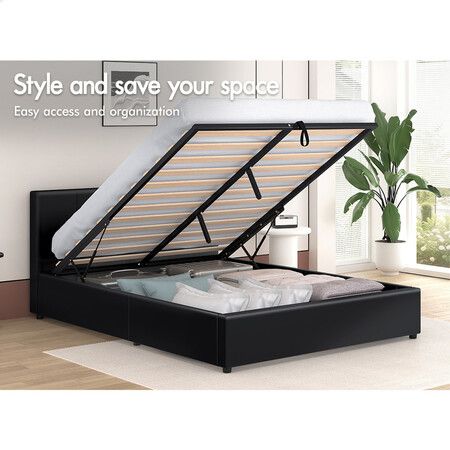 ALFORDSON Bed Frame Double Size Gas Lift Storage Base Black Leather CALLA