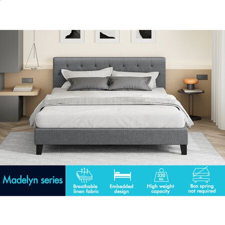 ALFORDSON Bed Frame Double Size Wooden Base Platform Grey Fabric MADELYN