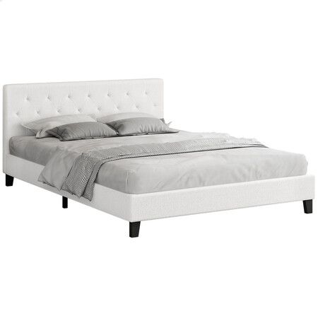 ALFORDSON Bed Frame Double Size Wooden Base Platform White Boucle MADELYN