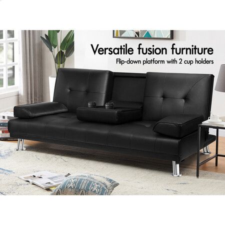 ALFORDSON Sofa Bed Lounge 3 Seater Futon Couch Cup Holder Leather Black