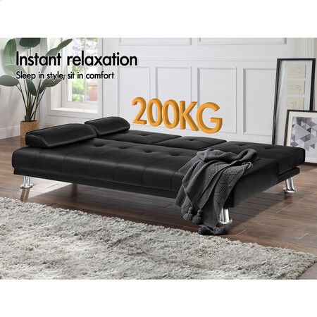 ALFORDSON Sofa Bed Lounge 3 Seater Futon Couch Cup Holder Leather Black