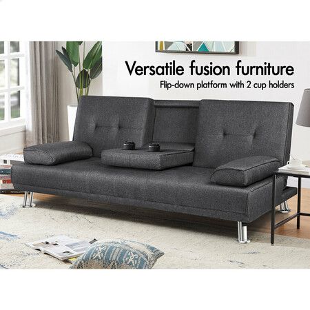 ALFORDSON Sofa Bed Lounge 3 Seater Futon Couch Beds Cup Holder Fabric Grey