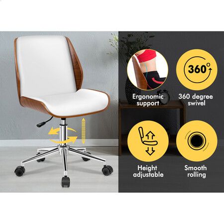 ALFORDSON Wooden Office Chair Computer Chairs Wood Seat PU Leather White