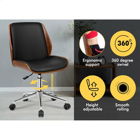 ALFORDSON Wooden Office Chair Computer Chairs Wood Seat PU Leather Black