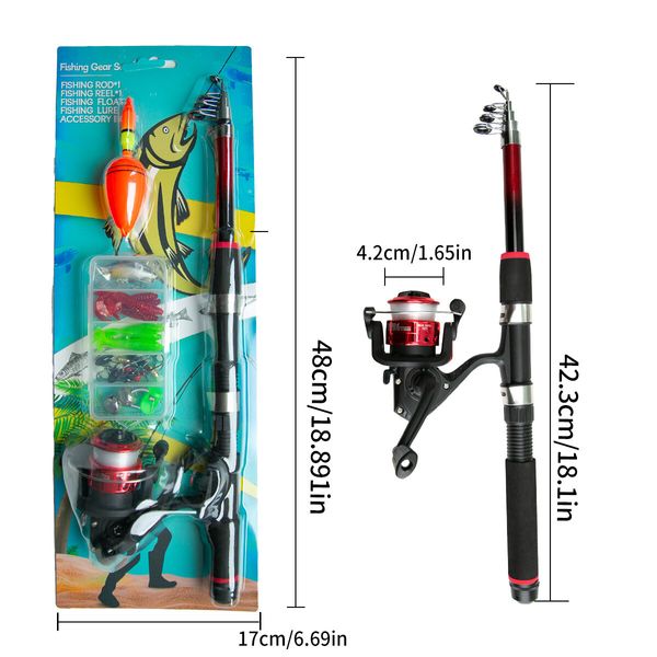 Fishing Tackle Set Telescopic Fishing Rod and Spinning Reel Kit, Saltwater Freshwater Fishing Rod Kit (Red)