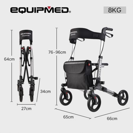 EQUIPMED Foldable Aluminium Walking Frame Rollator with Bag and Seat, Silver