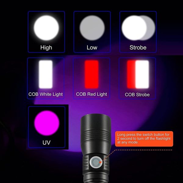 7 Modes Waterproof Rechargeable UV Light Flashlight Torch for Camping