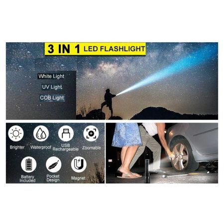 7 Modes Waterproof Rechargeable UV Light Flashlight Torch for Camping