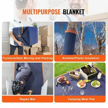 Moving Blankets, 2032 x 1829 mm, 29.5 kg/dz, 12 Packs, Professional Non-Woven & Recycled Cotton Packing Blanket, Heavy Duty Mover Pads for Protecting Furniture, Floors, Appliances, Blue/Orange