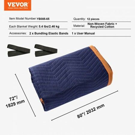 Moving Blankets, 2032 x 1829 mm, 29.5 kg/dz, 12 Packs, Professional Non-Woven & Recycled Cotton Packing Blanket, Heavy Duty Mover Pads for Protecting Furniture, Floors, Appliances, Blue/Orange