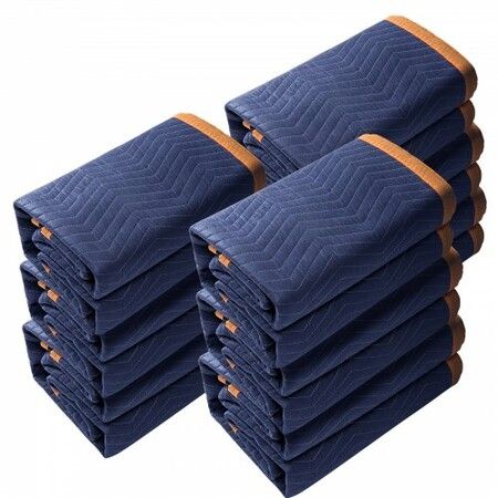 Moving Blankets, 2032 x 1829 mm, 29.5 kg/dz, 12 Packs, Professional Non-Woven & Recycled Cotton Packing Blanket, Heavy Duty Mover Pads for Protecting Furniture, Floors, Appliances, Blue/Orange