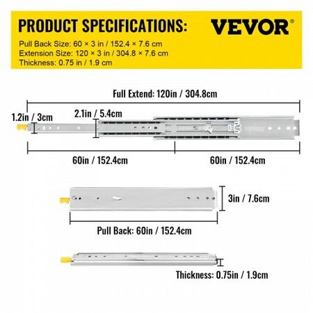 Drawer Slides with Lock, 1 Pair 60 inch, Heavy-Duty Industrial Steel up to 500 lbs Capacity, 3-Fold Full Extension, Ball Bearing Lock-in & Lock-Out, Side Mount