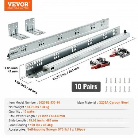 10 Pairs of 533.4mm Drawer Bottom Side Mount Rails, Heavy Duty Full Ball Bearing Extension Steel Track, Soft-Close Noiseless Guide Glides Cabinet Kitchen Runners with Locking Mechanism, 100 Lbs