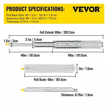 Drawer Slides with Lock, 1 Pair 40 inch, Heavy-Duty Industrial Steel up to 500 lbs Capacity, 3-Fold Full Extension, Ball Bearing Lock-in & Lock-Out, Side Mount