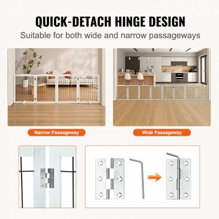 Free Standing Dog Gate, 32" H x 96.5" W Freestanding Pet Gate, 4 Panels Foldable Dog Gate for Wide and Narrow Passageways, Expandable Dog Barrier with Silent Foot Support for Indoor, White