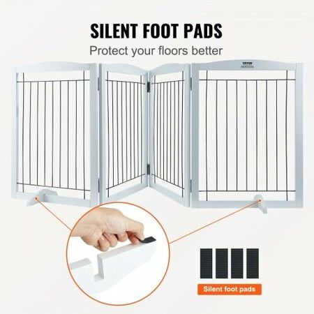 Free Standing Dog Gate, 32" H x 96.5" W Freestanding Pet Gate, 4 Panels Foldable Dog Gate for Wide and Narrow Passageways, Expandable Dog Barrier with Silent Foot Support for Indoor, White