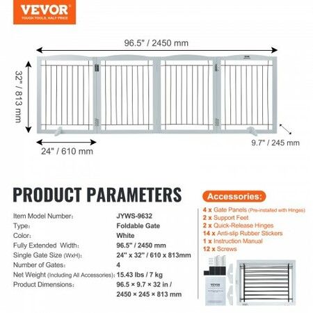 Free Standing Dog Gate, 32" H x 96.5" W Freestanding Pet Gate, 4 Panels Foldable Dog Gate for Wide and Narrow Passageways, Expandable Dog Barrier with Silent Foot Support for Indoor, White