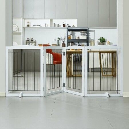 Free Standing Dog Gate, 32" H x 96.5" W Freestanding Pet Gate, 4 Panels Foldable Dog Gate for Wide and Narrow Passageways, Expandable Dog Barrier with Silent Foot Support for Indoor, White