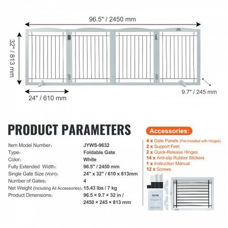 Free Standing Dog Gate, 32" H x 96.5" W Freestanding Pet Gate, 4 Panels Foldable Dog Gate for Wide and Narrow Passageways, Expandable Dog Barrier with Silent Foot Support for Indoor, White