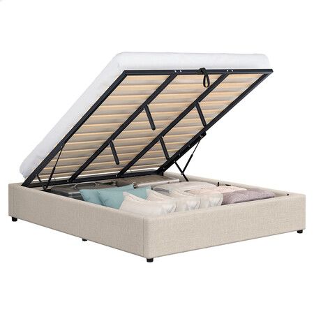 ALFORDSON Bed Frame King Size Gas Lift Storage Mattress Base Beige WILBUR