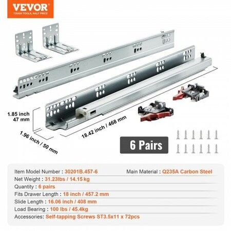 6 Pairs of 457.2mm Drawer Bottom Side Mount Rails, Heavy Duty Full Ball Bearing Extension Steel Track, Soft-Close Noiseless Guide Glides Cabinet Kitchen Runners with Locking Mechanism, 100 Lbs