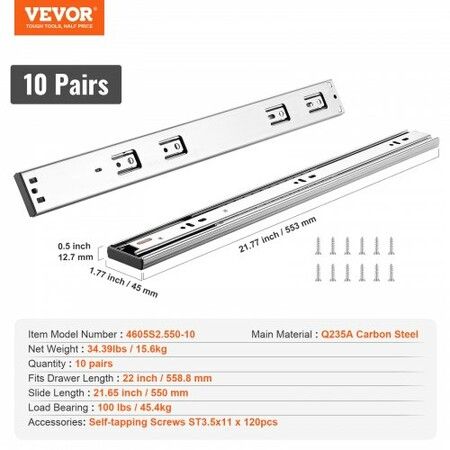 10 Pairs of 558.8mm Drawer Slides Side Mount Rails, Heavy Duty Full Extension Steel Track, Soft-Close Noiseless Guide Glides Cabinet Kitchen Runners with Ball Bearing, 100 Lbs Load Capacity