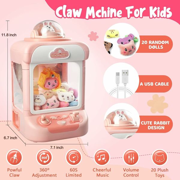 Claw Machine for Kids, Mini Vending Machines Candy Grabber Prize Dispenser Toys for Girls, Electronic Arcade Claw Game Machine for Party Birthday with Lights Sound and 20 Plush Toys