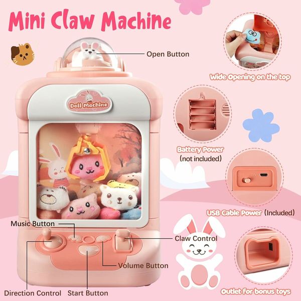 Claw Machine for Kids, Mini Vending Machines Candy Grabber Prize Dispenser Toys for Girls, Electronic Arcade Claw Game Machine for Party Birthday with Lights Sound and 20 Plush Toys