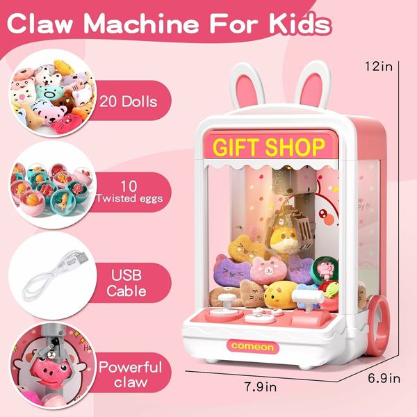 Kids Claw Machine, Mini Candy Vending Grabber, Prize Dispenser Toys for Girls and Boys, Electronic Claw Game Machine for Party Birthdays with Lights Sound, Includes 20 Plush and 10 Mini Toys