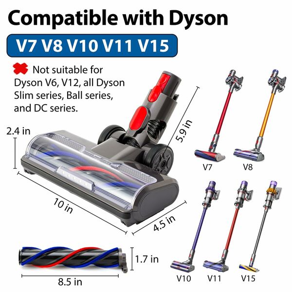 LED Motorhead Compatible with Dyson V7 V8 V10 V11 V15 Vacuum Floor Attachment with Turbo Soft Roller  Brush