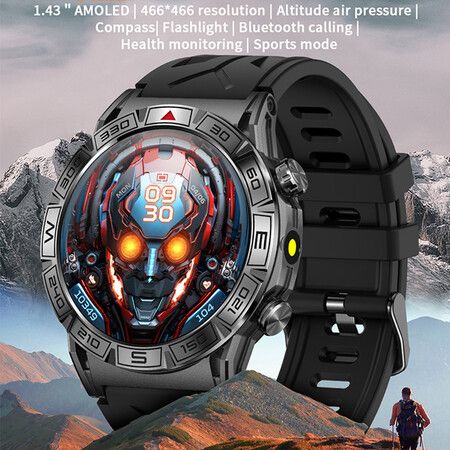 Smartwatch 1.43 HD Screen with Built in Flashlight Bluetooth Call Reminder, Multifunctional Waterproofs Smartwatch Christmas Gifts (Black)