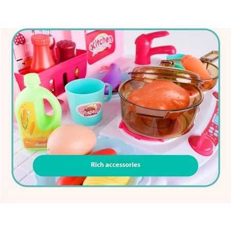 40 Piece Pink Kitchen Playset with Real Sounds and Light Kids Pretend Food Toy Accessories Set for Outdoor Play