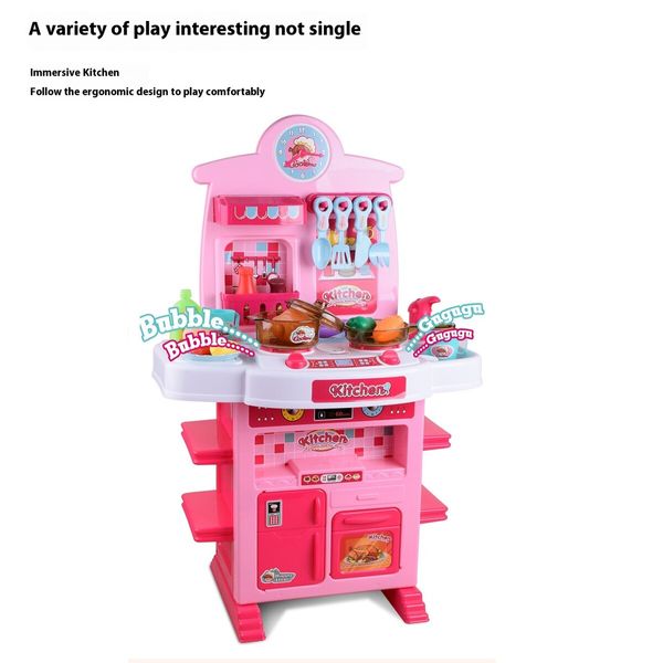 40 Piece Pink Kitchen Playset with Real Sounds and Light Kids Pretend Food Toy Accessories Set for Outdoor Play