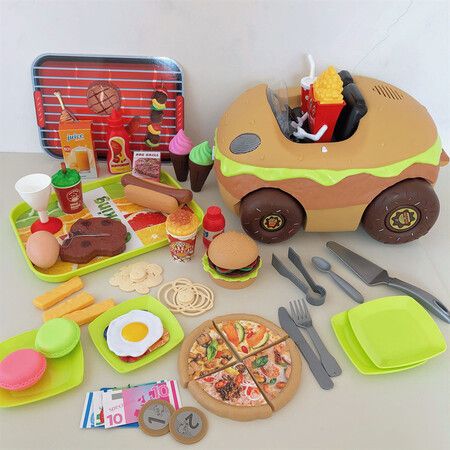 2 in 1 Playhouse Fun Dining Car BBQ Station Kitchen Toy with French Fries Sales Cart Trolley and Burger Cart for Kids Christmas Gift